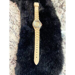 Geneva Platinum Beige Silicone Watch Women Rhinestone Bezel Japan Movement